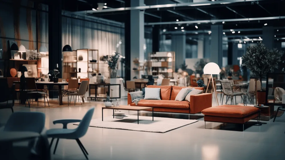 Furniture and interior showroom shelves with wooden decor and furnishings