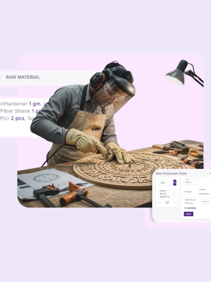 Craftsman carving a wooden piece beside the OneOffice production order screen