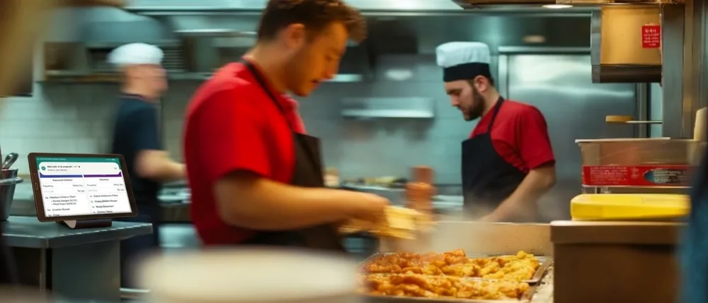 Kitchen order tablet beside food being prepared